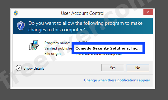 Screenshot where Comodo Security Solutions, Inc. appears as the verified publisher in the UAC dialog